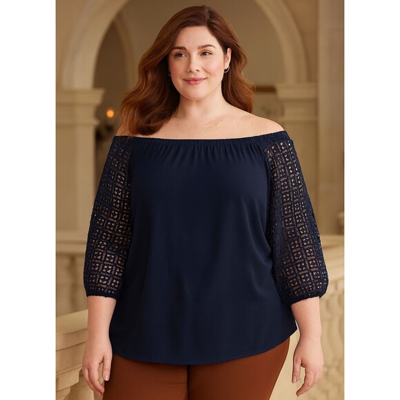 Talbots Plus Women's Size X Navy Blue Blouse Crochet Gothic  Laced 3/4 Sleeves - Picture 1 of 8